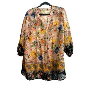 Fig and Flower Floral Paisley‎ Clip Dot Pleated Blouse 2X Multi Color Sheer Boho
